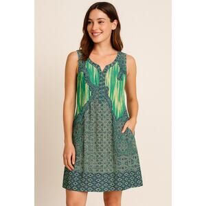 Rabbit Rabbit Rabbit Pleated Sleeveless Green and Blue Paisley Dress - Size 14